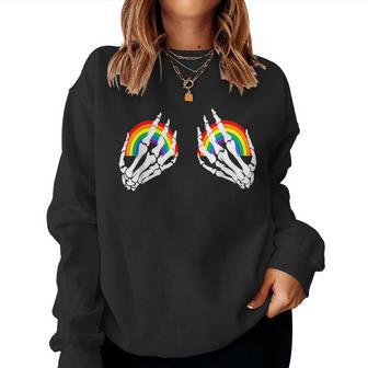 Funny Gay Les Pride Rainbow Boobs Skeleton Hand Lgbt Gay Women Crewneck Graphic Sweatshirt - Seseable