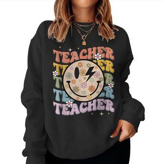 Funny Hippie Face Teacher Back To School Teachers Day Women Crewneck Graphic Sweatshirt - Thegiftio UK