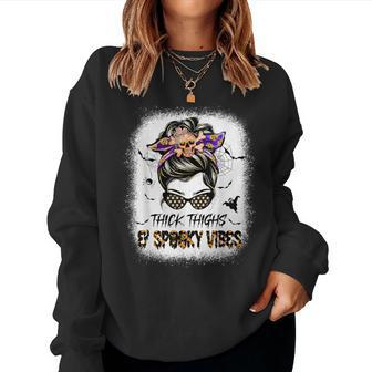 Thicks Thighs Spooky Vibes Skull Messy Bun Halloween Women Sweatshirt - Thegiftio UK