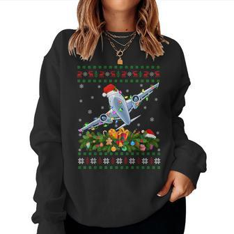 Xmas Lighting Tree Santa Ugly Airplane Christmas Women Sweatshirt - Seseable