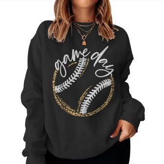 Game Day Baseball Baseball Life Softball Life Mom Leopard Women Crewneck Graphic Sweatshirt - Seseable