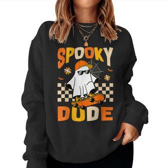 Ghost Skateboard Spooky Dude Groovy Halloween Boo Boys Women Sweatshirt - Monsterry