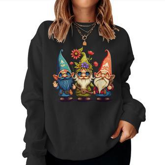 Gnome Cute And Funny Gnome Hippie Sunflower Peace Love Women Crewneck Graphic Sweatshirt - Thegiftio UK