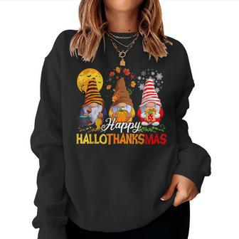 Gnomes Hallothanksmas Halloween Thanksgiving Christmas Party Women Sweatshirt - Seseable
