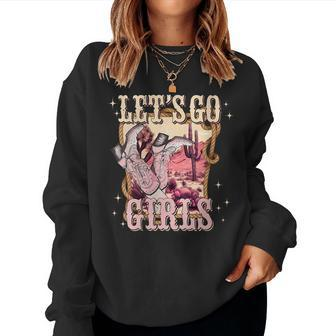Lets Go Girls Retro Pink Hearts Cowgirls Boots Western Women Sweatshirt | Mazezy