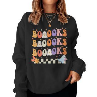 Groovy Cute Ghost Book Reading Halloween Teacher Top For Teacher Women Sweatshirt | Mazezy