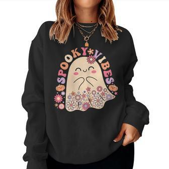 Groovy Cute Kawaii Ghost Floral Spooky Vibes Hippie Pumpkin Women Sweatshirt