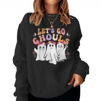 Groovy Let's Go Ghouls Cute Ghost Halloween Spooky Season Women Sweatshirt - Seseable