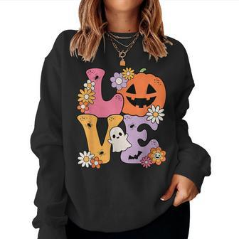 Groovy Love Halloween Floral Pumpkin Ghost Retro Women Sweatshirt - Thegiftio UK