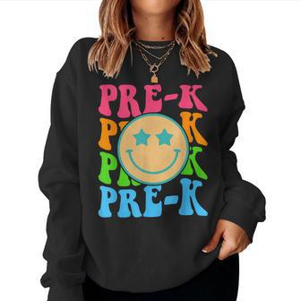 Groovy Pre-K Vibes Face Retro Teachers Kids Back To School Women Crewneck Graphic Sweatshirt - Seseable
