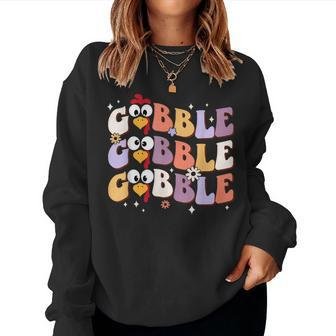 Groovy Retro Gobble Gobble Happy Thanksgiving Turkey Day Women Sweatshirt | Mazezy