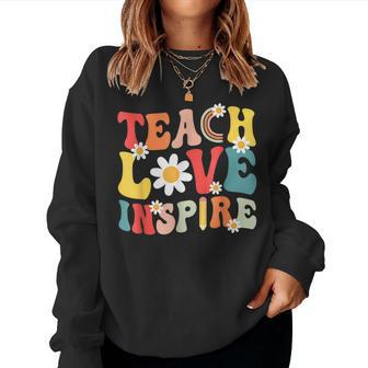 Groovy Retro Teach Love Inspire Back To School Teacher Women Women Crewneck Graphic Sweatshirt - Seseable