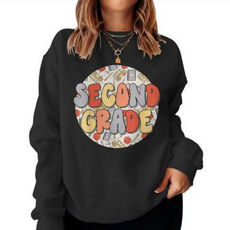 Groovy Second Grade Vibes Retro Teachers Kids Back To School Women Crewneck Graphic Sweatshirt - Seseable