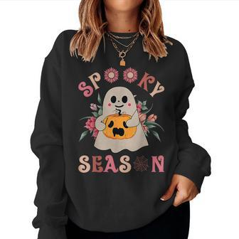 Groovy Spooky Season Cute Ghost Holding Pumpkin Halloween Women Sweatshirt - Seseable