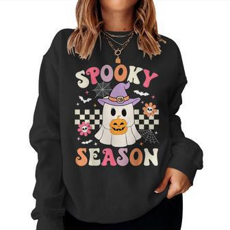 Groovy Spooky Season Retro Ghost Holding Pumpkin Halloween Women Sweatshirt - Seseable