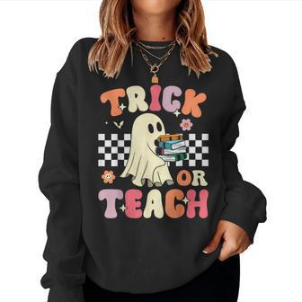 Groovy Teacher Halloween Trick Or Teach Retro Floral Ghost Women Sweatshirt - Thegiftio UK
