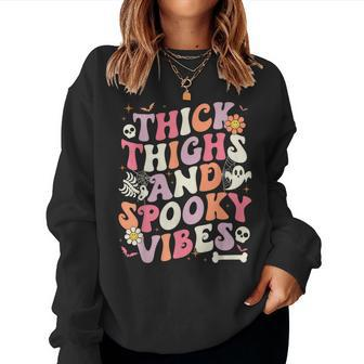 Groovy Thick Thighs Spooky Vibes Ghost Halloween Women Sweatshirt - Monsterry CA