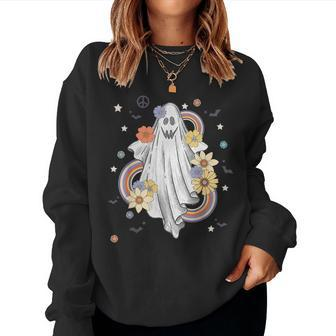 Groovy Vintage Floral Ghost Hippie Halloween Spooky Season Halloween Women Sweatshirt | Mazezy