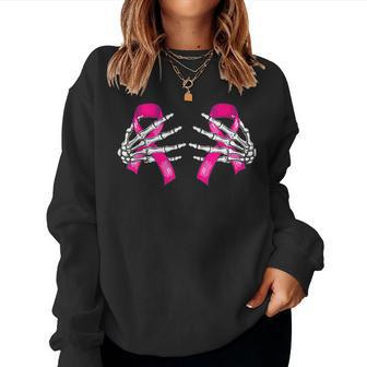 Halloween Boob Skeleton Hand On Breast Cancer Ribbon Women Sweatshirt | Mazezy