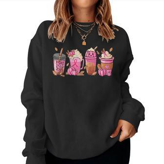 Halloween Coffee Pumpkin Latte Spice Breast Cancer Awareness Women Sweatshirt - Monsterry DE