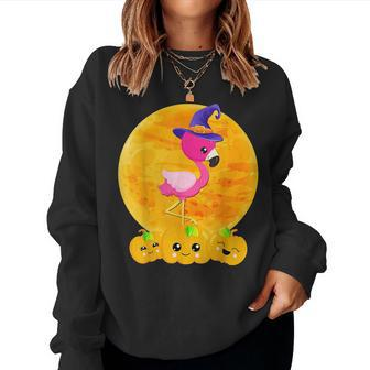 Halloween Flamingo Costume Cute Pumpkin Face Bird Lover Women Sweatshirt | Mazezy