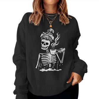 Halloween Skeleton Messy Bun Coffee Costume Mom Women Sweatshirt | Mazezy