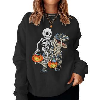 Halloween Skeleton Riding Mummy Dinosaur T Rex Pumpkin Mummy Women Sweatshirt | Mazezy