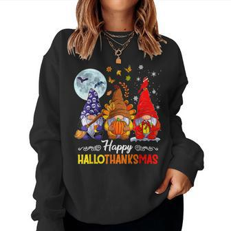 Halloween Thanksgiving Christmas Happy Hallothanksmas Gnomes Women Sweatshirt - Seseable