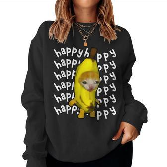 Happy Banana Cat Meme Bananacat Happy Kitty Cat Lovers Meme Women Sweatshirt - Seseable