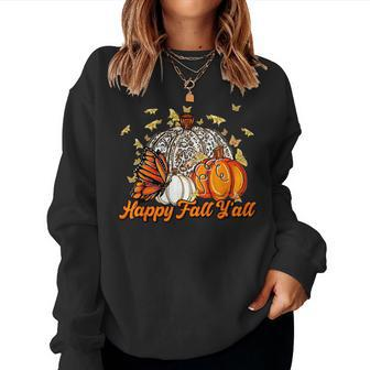 Happy Fall Y'all Pumpkin Butterfly Autumn Thanksgiving Retro Women Sweatshirt | Mazezy UK