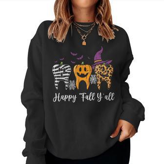 Happy Fall Y'all Pumpkin Tooth Lepard Zebra Halloween Dental Halloween Women Sweatshirt | Mazezy