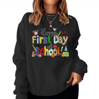 Happy First Day Of School Teachers Students Back To School Women Crewneck Graphic Sweatshirt - Seseable
