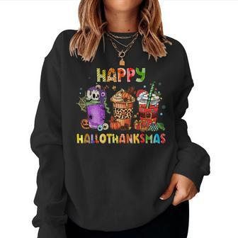 Happy Hallothanksmas Coffee Latte Halloween Thanksgiving For Coffee Lovers Women Sweatshirt | Mazezy