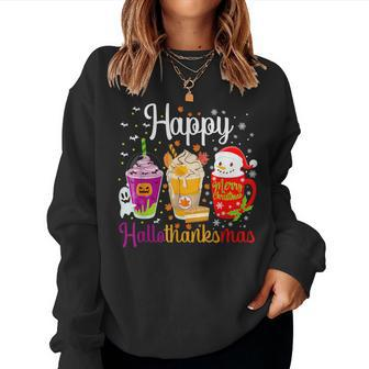 Happy Hallothanksmas Drinks Halloween Thanksgiving Christmas Women Sweatshirt - Seseable
