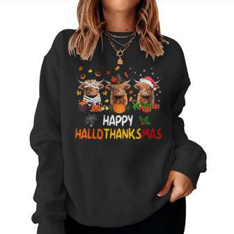 Happy Hallothanksmas Highland Cow Print Halloween Christmas Women Sweatshirt - Seseable