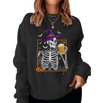 Happy Halloween Skeleton Skull Drinking Beer Women Sweatshirt | Mazezy