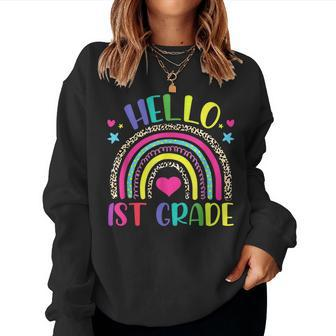 Hello 1St Grade Leopard Boho Rainbow 1St Day Of School Women Crewneck Graphic Sweatshirt - Thegiftio UK