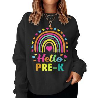 Hello Pre K Teacher Leopard Rainbow Back To School Women Crewneck Graphic Sweatshirt - Thegiftio UK