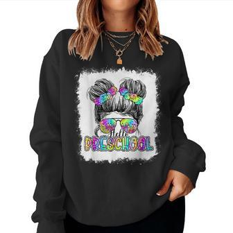 Hello Preschool Messy Bun Girls Tie Dye Cute Back To School Women Crewneck Graphic Sweatshirt - Seseable