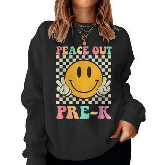 Hippie Peace Out Pre-K Teacher Kids Last Day Of School Women Crewneck Graphic Sweatshirt - Thegiftio UK