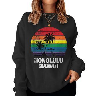 Honolulu Retro Lgbt Hawaii Pride Rainbow Palm Tree Women Sweatshirt | Mazezy