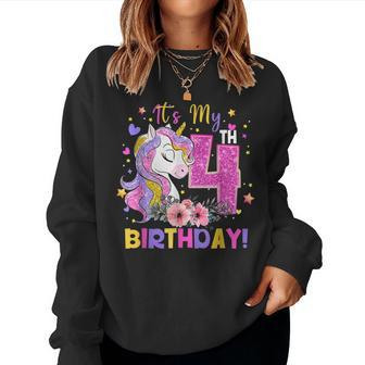 It's My 4Th Birthday Unicorn Girls 4 Year Old Women Sweatshirt - Seseable