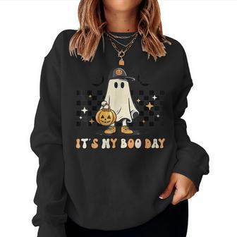 It's My Boo Day Groovy Boy Halloween Birthday Ghost Girls Women Sweatshirt | Mazezy