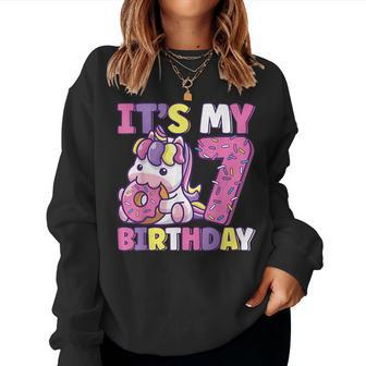 Its My 7Th Birthday Party Cute Girls Donut Birthday Unicorn Women Crewneck Graphic Sweatshirt - Seseable
