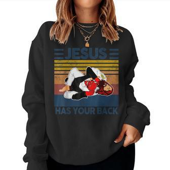 Jesus Has Your Back Vintage Jiu Jitsu Satan Finished Jiu Jitsu Women Sweatshirt | Mazezy