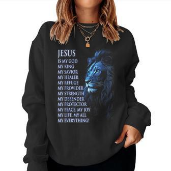 Jesus Is My God King My Lord My Savior Blue Christian Lion Women Sweatshirt - Monsterry CA