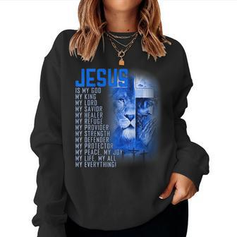 Jesus Is My God King My Lord My Savior Blue Lion Christian Women Sweatshirt | Mazezy