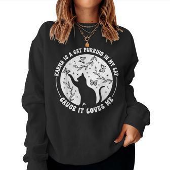 Karma Is A Cat Purring In My Lap Cause It Loves Me Floral Women Crewneck Graphic Sweatshirt - Thegiftio UK