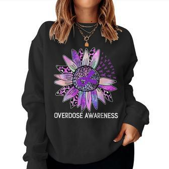 Leopard Sunflower Overdose Awareness Month Purple Ribbon Women Sweatshirt - Seseable