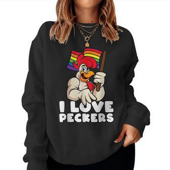Lgbt Rainbow Flag Rooster Pun I Love Peckers Gay Chicken Dad Women Crewneck Graphic Sweatshirt - Seseable